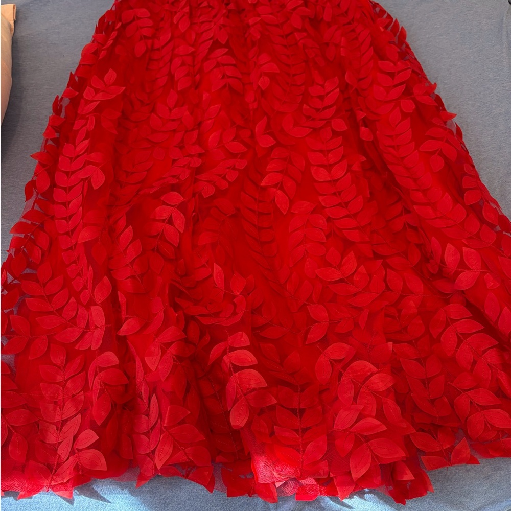 Anthropologie x Sunday in Brooklyn Red Midi Skirt with Leaf Appliqué